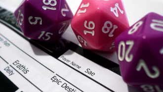 Image of DND dice on a RPG sheet.