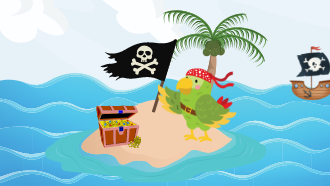 Image of a parrot pirate on a desert island.