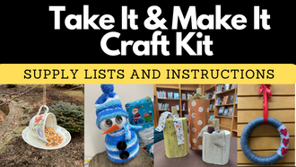 photos with crafts, a white tea cup and saucer with a flower print with birdseed hanging from a tree, a blue and white striped sock made into a snowman with a orange nose and blue scarf, three wooden blocks painted yellow, orange and white with stems added to make them look like pumpkins, a grey yarn wreath with red heart accents