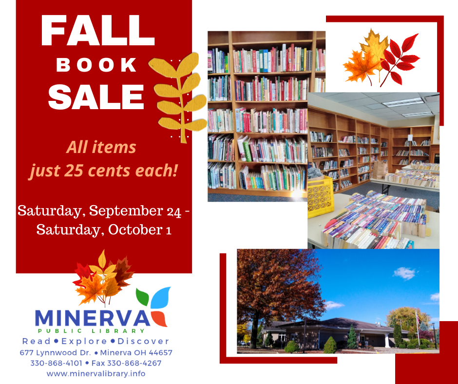 Red background with photos of library and room with book sale items