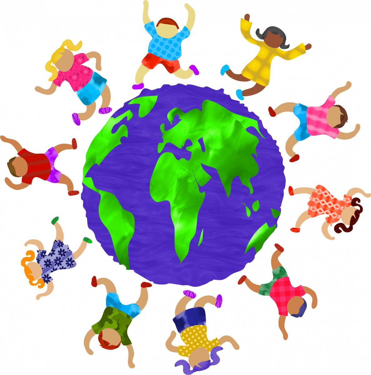 Children of all races and genders dance around a globe.
